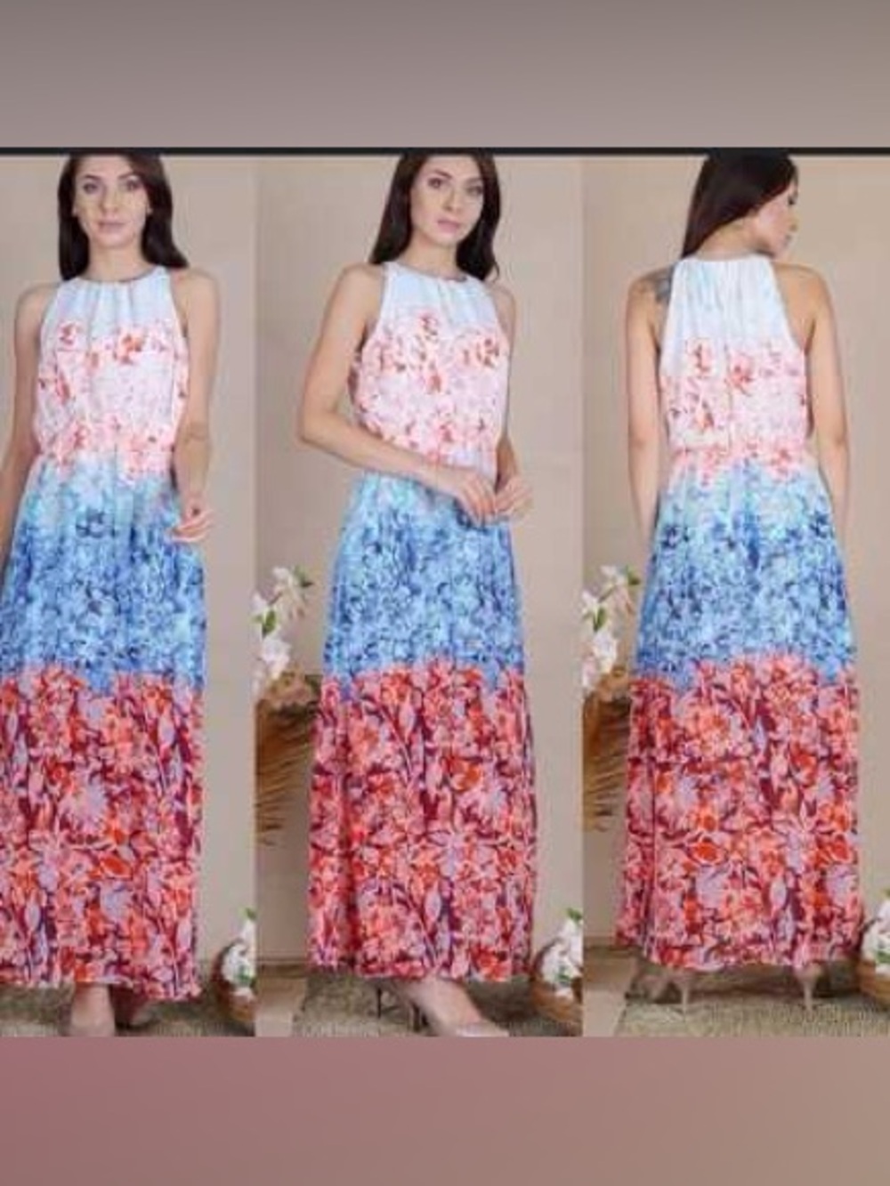 H&M Floral Ombre Halter Maxi Dress in Coral, Blue & White